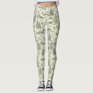 Ivory Forest Green French Country Winter Toile Leggings