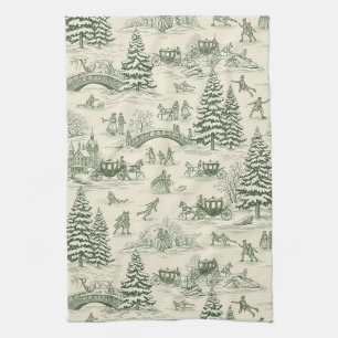 Ivory Forest Green French Country Winter Toile Tea Towel
