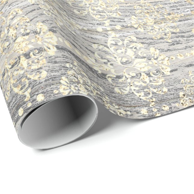 Ivory Foxier Metallic Damask Gold Wood Rustic Wrapping Paper (Roll Corner)