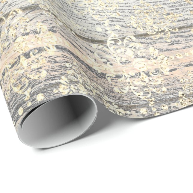 Ivory Foxier Metallic Damask Gold Wood Rustic Wrapping Paper (Roll Corner)