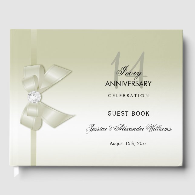 Ivory Gem Bow & Ribbon 14th Wedding Anniversary Guest Book (Front)