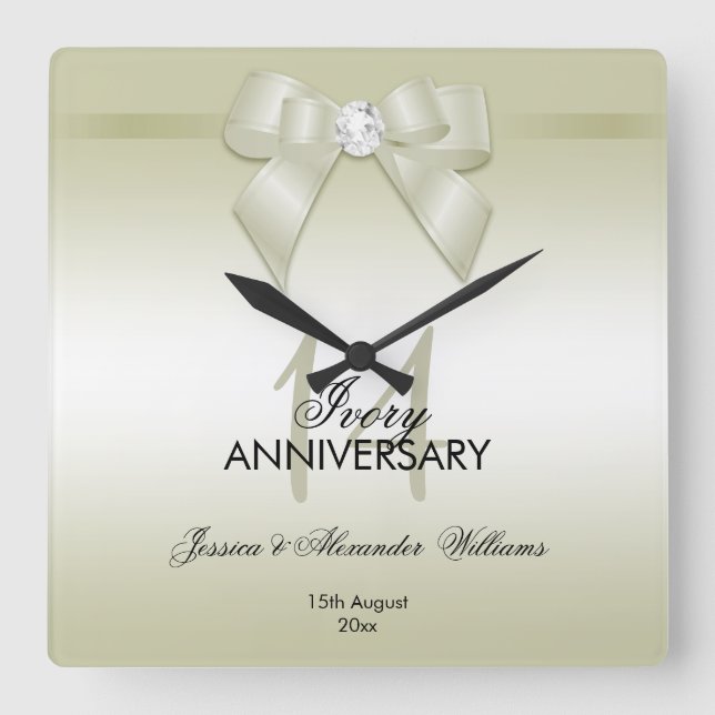 Ivory Gem Bow & Ribbon 14th Wedding Anniversary Square Wall Clock (Front)