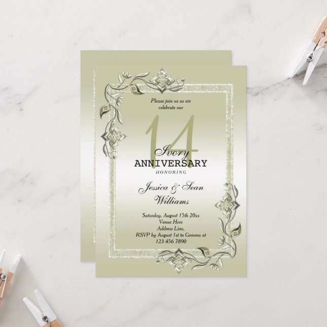 Ivory Gem & Glitter 14th Wedding Anniversary  Invitation (Front/Back In Situ)