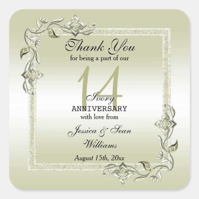 Ivory Gem & Glitter 14th Wedding Anniversary  Square Sticker (Front)