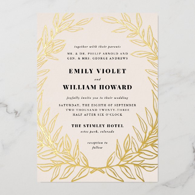 Ivory Gilded Wreath Formal Wedding Foil Invitation (Front)