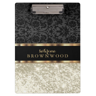 Ivory Glitter and Black Damask  Clipboard