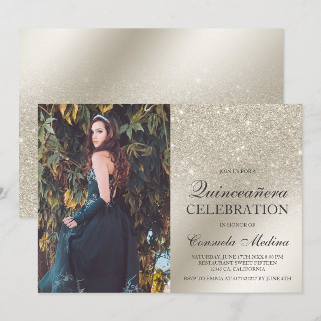 Ivory glitter ombre metallic photo Quinceañera Invitation (Front/Back)