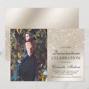 Ivory glitter ombre metallic photo Quinceañera Invitation