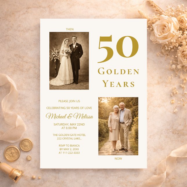 Ivory Gold 50th Anniversary Photo Then and Now  Invitation (Elegant ivory gold 50th anniversary invitation with romantic then and now design)