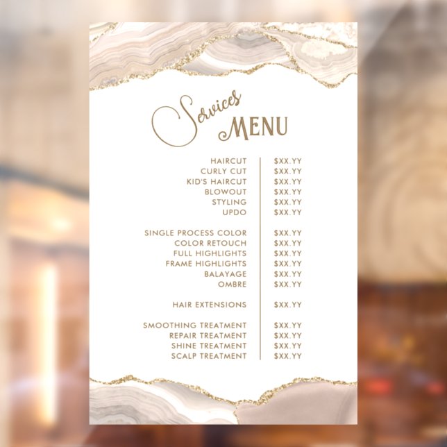 Ivory Gold Agate Services Menu Window Cling (Sheet 2)