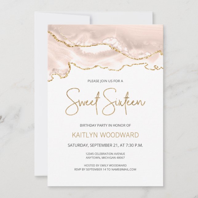 Ivory Gold Agate Sweet 16 Birthday Party Invitation (Front)