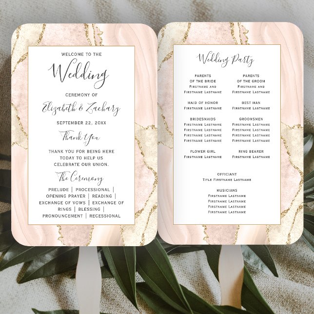 Ivory Gold Agate Wedding Program Hand Fan (Creator Uploaded)