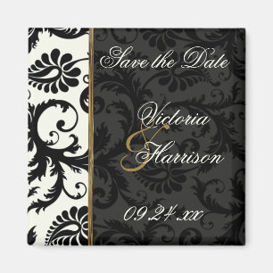 Ivory, Gold, and Black Damask Save the Date Magnet