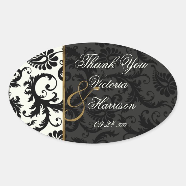 Ivory, Gold, and Black Damask Thank You Sticker (Front)
