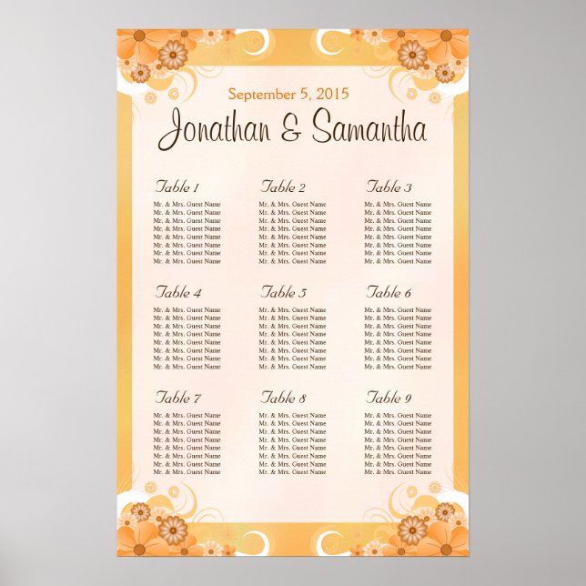 Ivory Gold and Peach Floral Table Seating Charts (Front)
