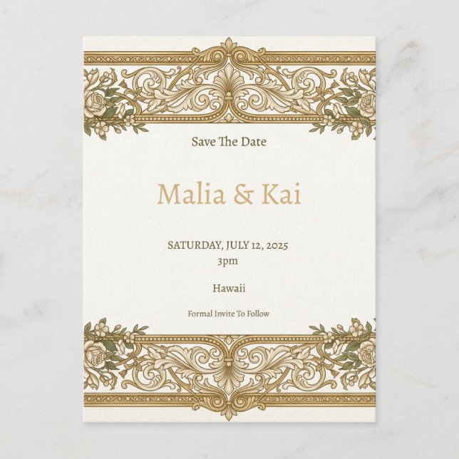 Ivory Gold Baroque Save the Date Announcement Postcard (Front)