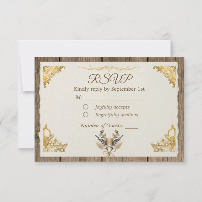 Ivory Gold Boho Floral Rustic Elegant Script RSVP Card (Front)