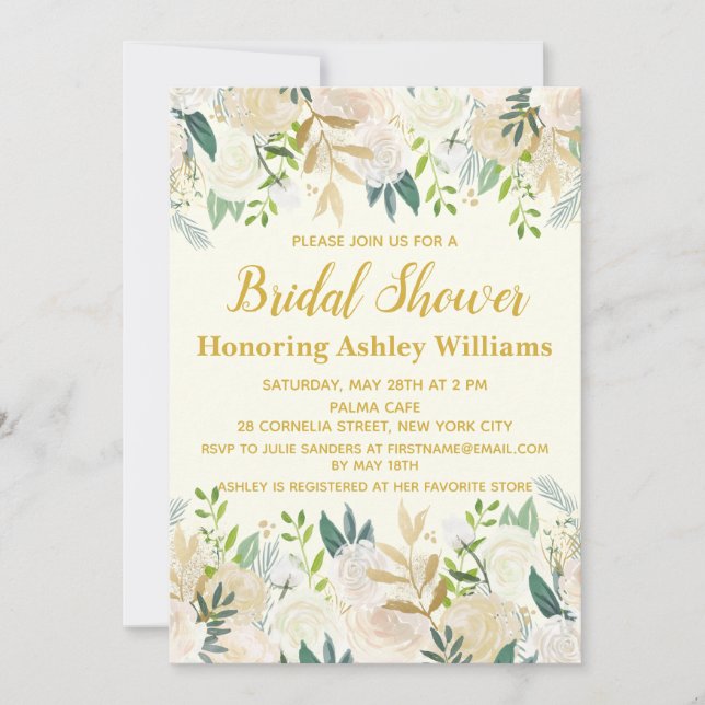 Ivory Gold Boho Greenery Bridal Shower Invitations (Front)