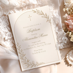 Ivory Gold Botanical Cross Baptism Invitation