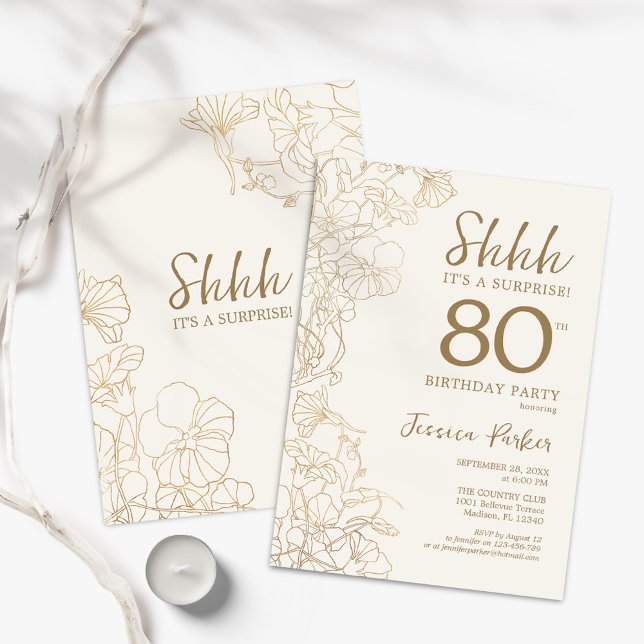 Ivory Gold Botanical Surprise 80th Birthday Invitation (Creator Uploaded)