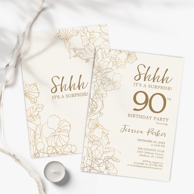 Ivory Gold Botanical Surprise 90th Birthday Invitation (Creator Uploaded)