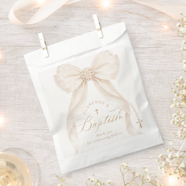Ivory Gold Bow  Modern Simple Baptism Favour Bags (Clipped)