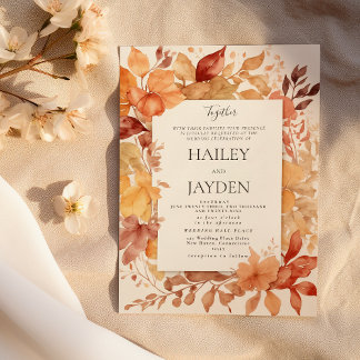 Ivory gold burgundy orange Autumn leaves wedding Invitation