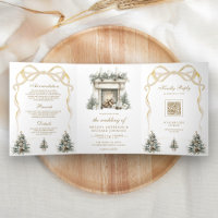 Ivory Gold Christmas Fireplace Bow QR Code Wedding