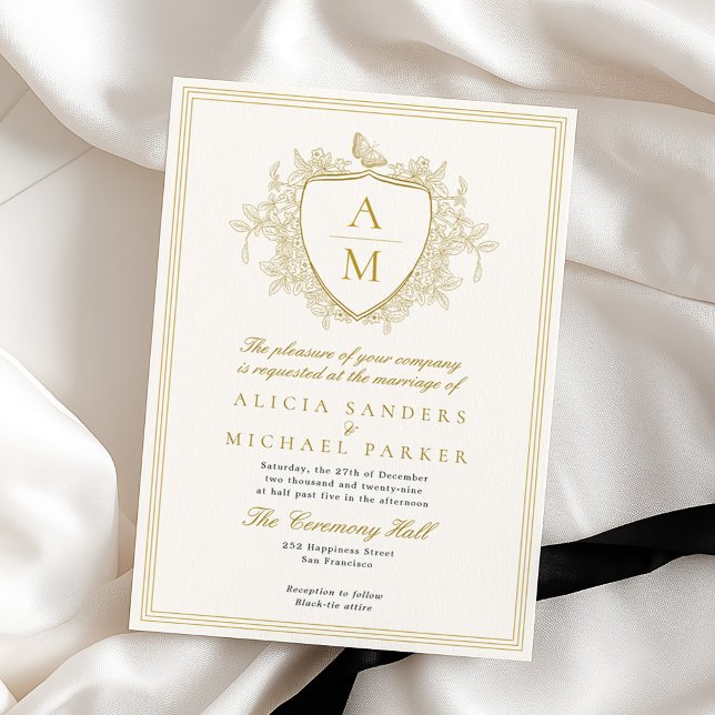 Ivory gold classic formal monogram crest wedding invitation (Creator Uploaded)