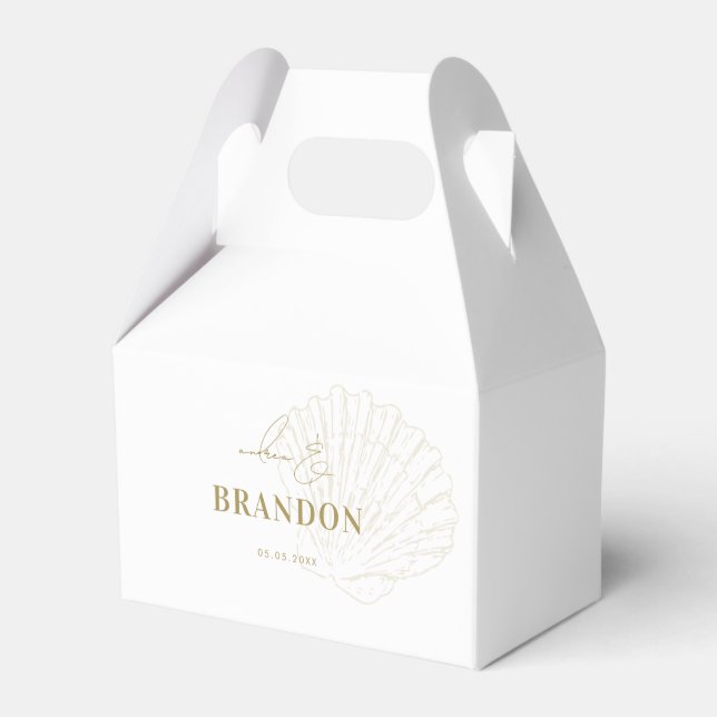 Ivory & Gold Coastal Seashell Names Wedding Favour Box (Front Side)