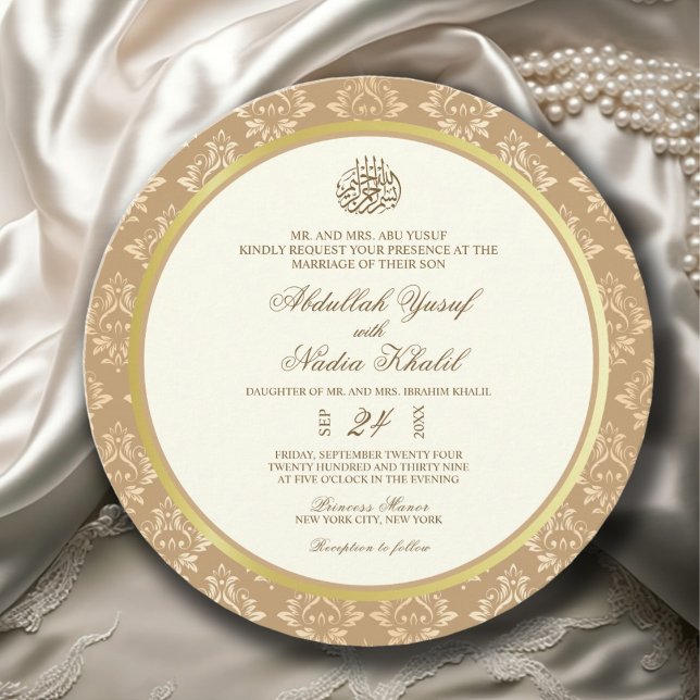 Ivory & Gold Damask Elegance Islamic Round wedding Invitation (Creator Uploaded)
