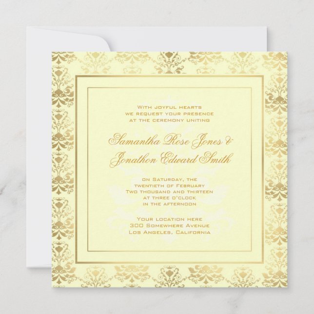Ivory & Gold Damask Photo Wedding Invitation (Front)