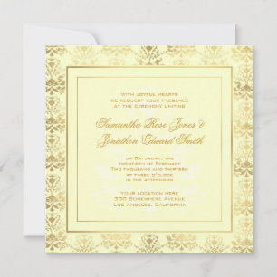 Ivory & Gold Damask Photo Wedding Invitation