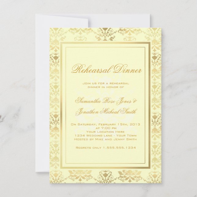 Ivory & Gold Damask Rehearsal Dinner Invitation (Front)