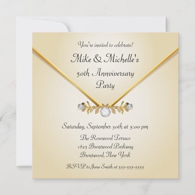 Ivory Gold Diamond Brooch Anniversary Invitations (Front)