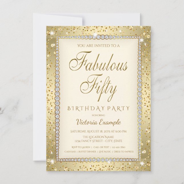 Ivory Gold Diamond Fabulous 50 Birthday Invitation (Front)
