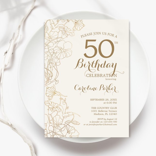 Ivory Gold Floral 50th Birthday Party Invitation (Creator Uploaded)
