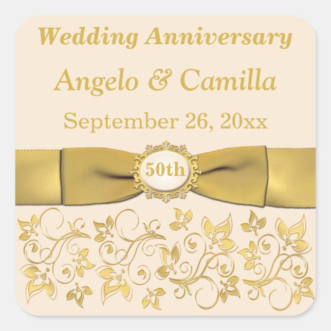 Ivory Gold Floral 50th Wedding Anniversary Sticker (Front)