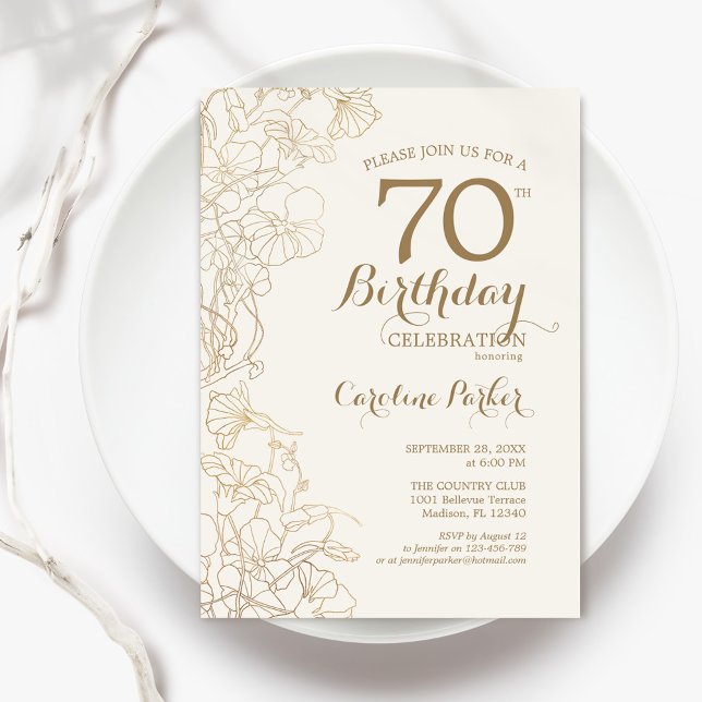 Ivory Gold Floral 70th Birthday Party Invitation (Creator Uploaded)