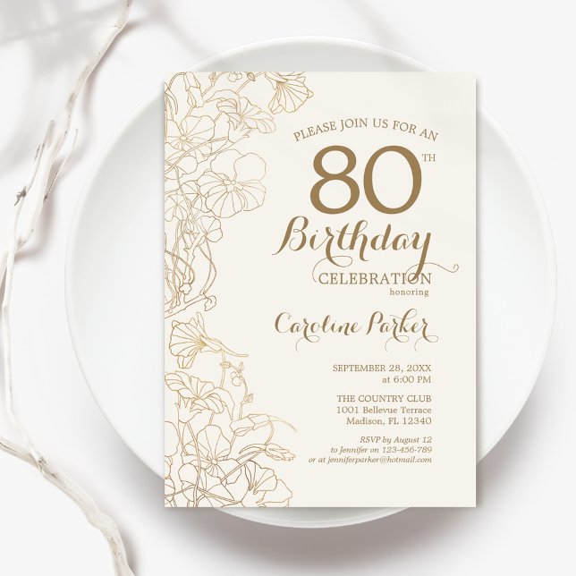 Ivory Gold Floral 80th Birthday Party Invitation (Creator Uploaded)