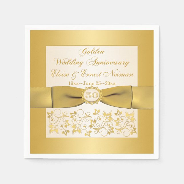 Ivory, Gold Floral Golden Anniversary Napkins (Front)