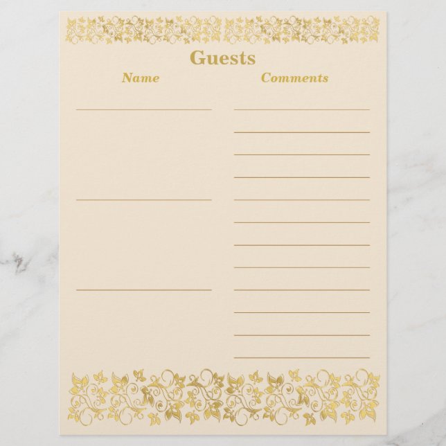 Ivory, Gold Floral Guest Book Paper (Front)