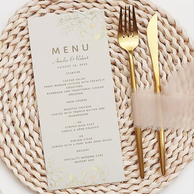 Ivory Gold Floral Wedding Menu Card (Creator Uploaded)