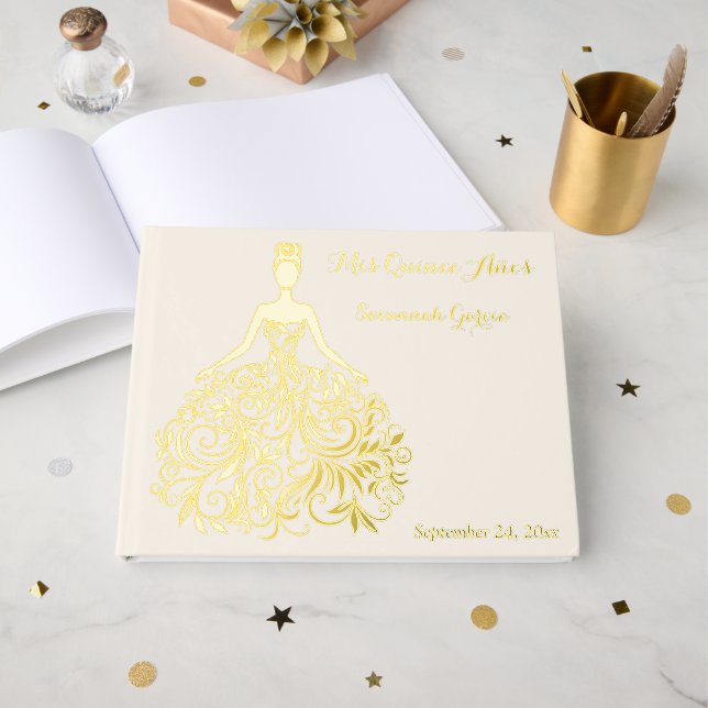 Ivory, Gold FOIL Silhouette Quinceañera Guest Book (Front Open)