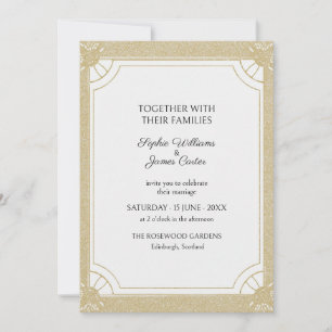 Ivory Gold Glitter Art Deco Wedding Invitation
