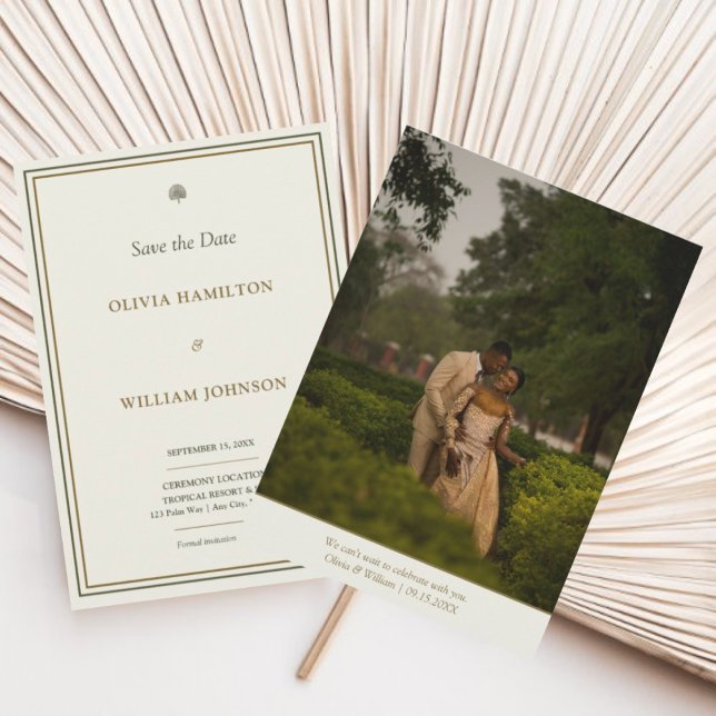 Ivory & Gold Green Border 5x7 Photo Save The Date (Classic ivory & gold save the date with timeless photo back—announce your day in style.)