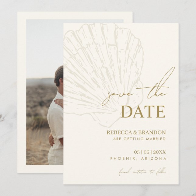 Ivory & Gold Hand Drawn Coastal Seashell Wedding Save The Date (Front/Back)