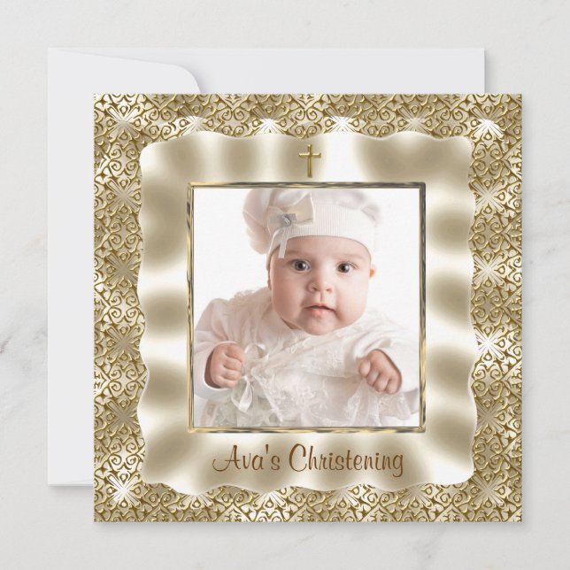 Ivory Gold Lace Baby Photo Baptism Christening Card (Front)