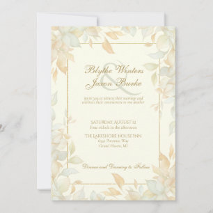 Ivory Gold Leafy Border Botanical Elegant Wedding Invitation