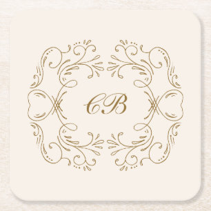 Ivory Gold Monogram Flourish Wreath Wedding Bar Square Paper Coaster
